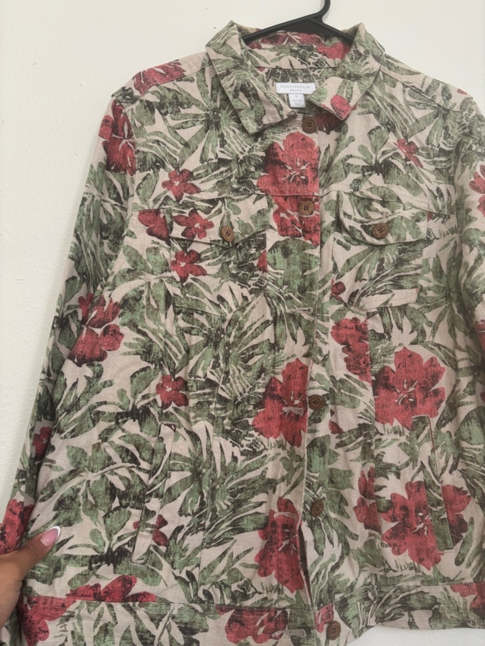 Charter Club Floral Linen Button-Front Shirt in Cream, Red & Green - Picture 4 of 5